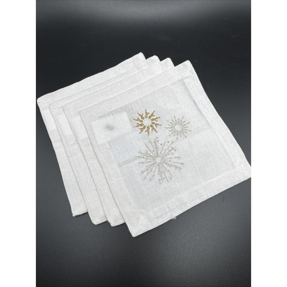 Pottery Barn Linen Cocktail Napkins‎ Set Starburst Sunburst Metallic Embroidered